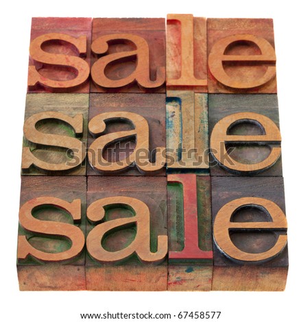 sale word abstract in  vintage wooden letterpress printing blocks, isolated on white