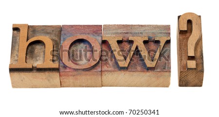 how question in vintage wooden letterpress printing blocks, stained by color inks, isolated on white