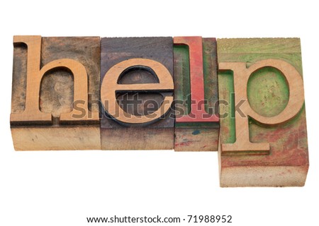 help word in vintage wood letterpress printing blocks, stained by color inks, isolated on white