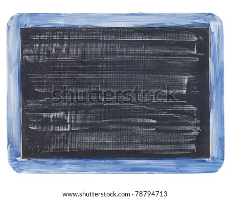 small grunge slate blackboard with white chalk texture,, rough blue wooden frame, isolated on white