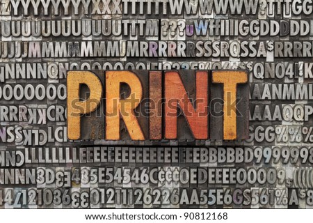 print - text in vintage wood letterpress printing blocks against grunge metal typeset