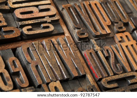 antique wood letterpress printing blocks  (condensed gothic font) in old box typesetter box, abstract with selective focus
