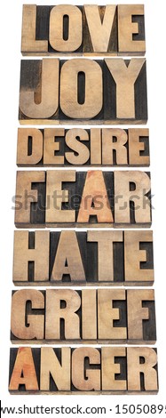 seven emotions - love, joy, desire, fear, hate, grief and anger - a collage of isolated words in letterpress wood type