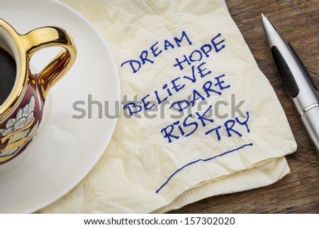 dream, hope, believe, dare, risk, try - motivational words - a napkin doodle with a cup of espresso coffee