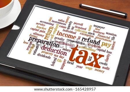 Cloud Of Words Related To Taxes, Preparation, Paying, Income, Refunds, On A Digital Tablet With A Cup Of Tea