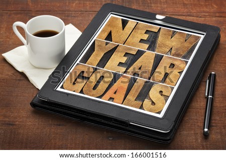New Year Goals - Resolutions Concept - Text In Vintage Letterpress Wood Type On A Digital Tablet Screen