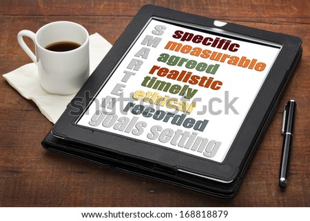 SMARTER (specific, measurable, agreed, realistic, timely, ethical,  recorded) goal setting concept  on a digital tablet computer with  espresso coffee