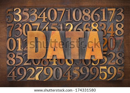 data word in vintage letterpress wood type against number background