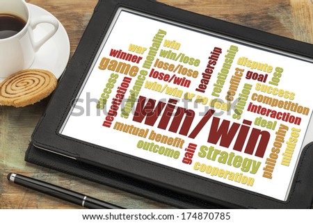 win-win strategy word cloud on a digital tablet with a cup of coffee