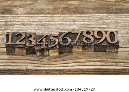 number abstract in vintage letterpress wood type against grained wooden plank