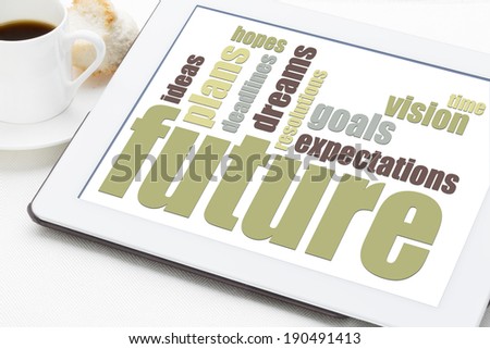 future, dreams, goals, and plans word cloud on a white digital tablet with a cup of coffee