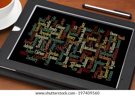 most popular boy baby names in 2012 in USA  - word cloud on a  digital tablet with a cup of tea