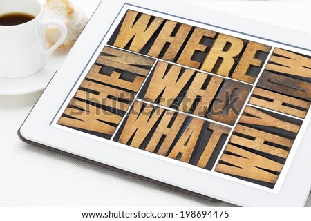 who, what, how, why, where, when, questions  - brainstorming or decision making concept - a collage of words in vintage letterpress wood type on a digital tablet with a cup of coffee