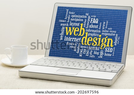 web design and development word cloud with binary background on laptop with a cup of coffee