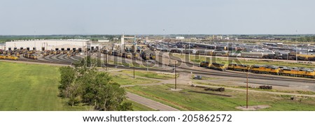 NORTH PLATTE, NEBRASKA, JULY 14, 2014: Panoramic view of Union Pacific\'s Bailey rail yard from Golden Spike Tower. The world\'s largest train yard is handling 10,000 cars each day.