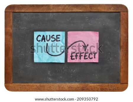 cause and effect concept - colorful sticky notes on a vintage slate blackboard  isolated on white