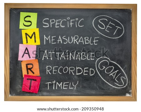 set goals SMART (specific, measurable, attainable, recorded, timely) colorful sticky notes and chalk handwriting on a blackboard