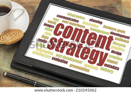 content strategy word cloud on a digital tablet with a cup of coffee