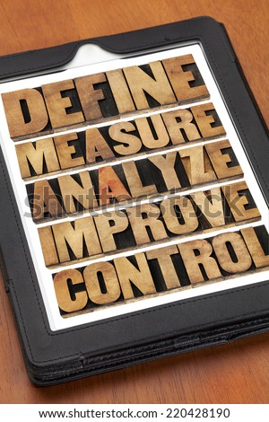 define, measure, analyze, improve, control - concept of continuous improvement process or cycle on a digital tablet