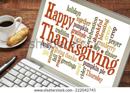 Happy Thanksgiving word cloud on a laptop with a cup of coffee - holiday concept