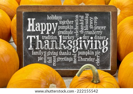 Happy Thanksgiving word cloud on a  vintage slate blackboard surrounded by pumpkins