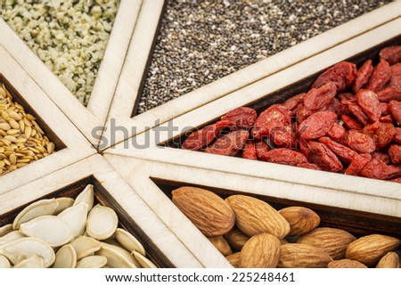 superfood abstract - dried goji berries, golden flax, pumpkin seeds, almonds, chia seeds and hemp seed hearts