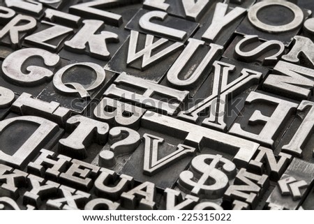 metal type abstract - vintage letterpress printing blocks with letters, dollar sign and question mark
