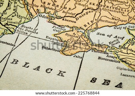 Crimea and Black Sea coast on a vintage 1920s map, selective focus (printed in 1926 - copyrights expired)