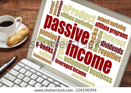 passive income word cloud  on a laptop with a cup of coffee