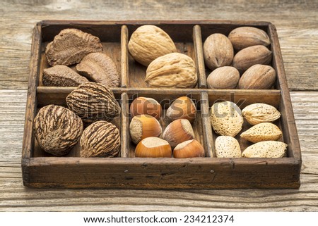 a variety of nuts (walnut, pecan, hazelnut, Brazilian and almond) +in a rustic wooden box