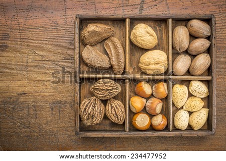 a variety of nuts (walnut, pecan, hazelnut, Brazilian and almond)  in a rustic wooden box against grunge wood surface with a copy space