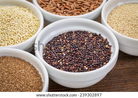 black quinoa and other gluten free grains (amaranth, millet, teff brown rice)  in small ceramic bowls