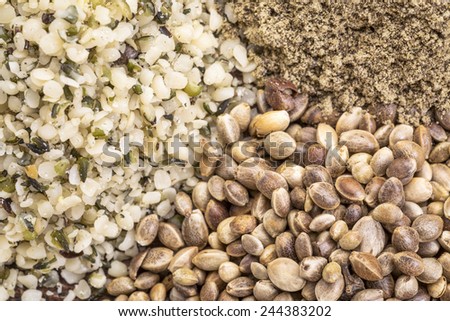 hemp seed, hearts and protein powder background