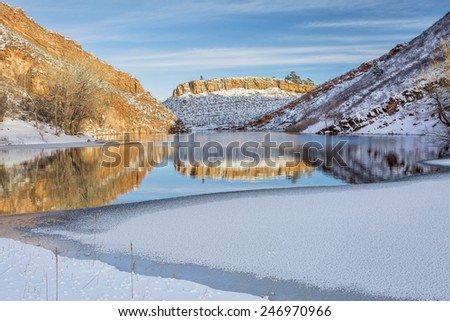 mountain lake  in winter scenery, Horsetooth Reservoir, Fort Collins in northern Colorado