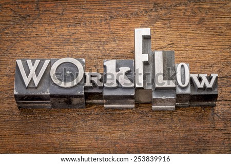 workflow word in mixed vintage metal type printing blocks over grunge wood