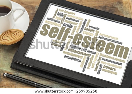 self-esteem word cloud on a digital tablet with cup of coffee
