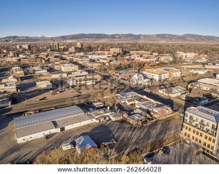 FORT COLLINS, CO, USA - MARCH 21, 2015: Aerial view of Fort Collins downtown,  early spring scenery with morning light