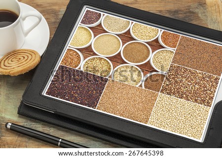 Reviewing pictures of healthy gluten free grains (quinoa, kaniwa, brown rice, millet, amaranth, teff, buckwheat, sorghum) on a digital tablet. All screen pictures copyright by the photographer.