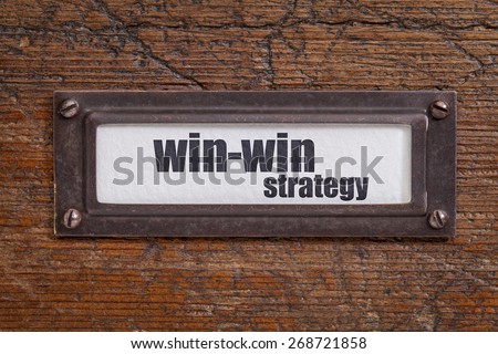 win-win strategy  - file cabinet label, bronze holder against grunge and scratched wood
