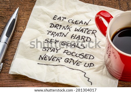 healthy lifestyle tips - handwriting on a napkin with a cup of coffee