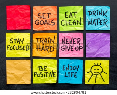 healthy lifestyle tips (eating, fitness, mindset, determination, positivity) - handwriting on a set of colorful sticky notes