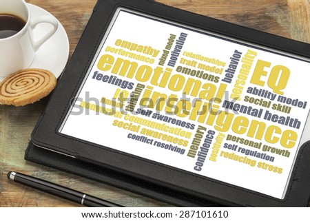 emotional intelligence (EQ) word cloud on a digital tablet with a cup of coffee