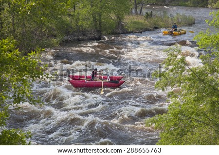 FORT COLLINS, COLORADO, USA - JUNE 4, 2011: White water rafter enjoys springtime snow melt when floating over Mad Dog Rapid on Cache la Poudre River west of Fort Collins.
