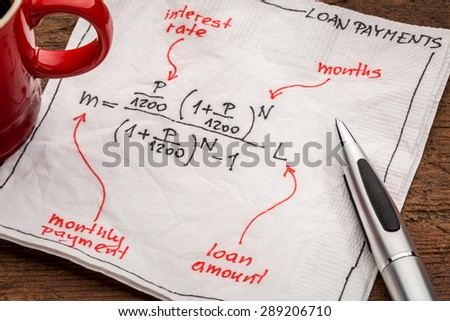loan payment equation sketched on a white napkin with a cup of coffee