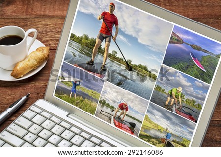 reviewing pictures of stand up paddling featuring a 60 year old  male on a laptop with a cup of coffee. All screen pictures copyright by the photographer with the same model (self).