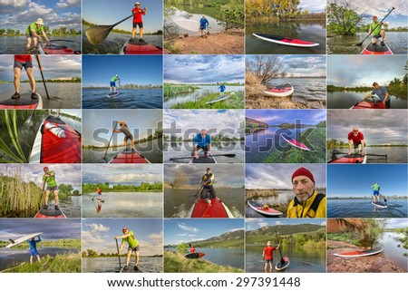 collection of stand up paddling pictures from lakes in Colorado featuring  the same 60 years old male model