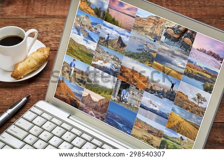 picture gallery from hiking mountains and foothills of northern Colorado featuring the same male hiker - reviewing and editing pictures on a laptop with a cup of coffee