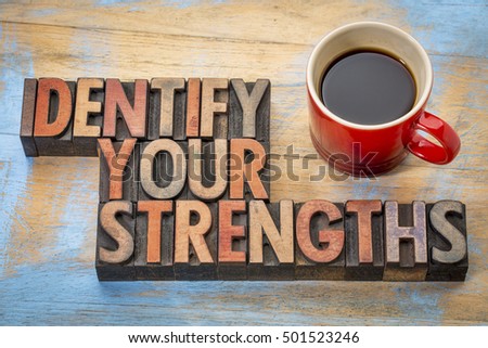 Identify your strengths - word abstract in vintage letterpress wood type blocks stained by color inks with a cup of coffee