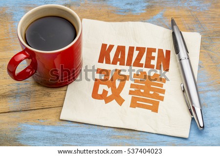Kaizen - Japanese continuous improvement concept - word abstract on a napkin with a cup of coffee