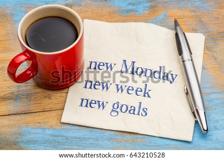 New Monday, new week, new goals - handwriting on a napkin with a cup of coffee